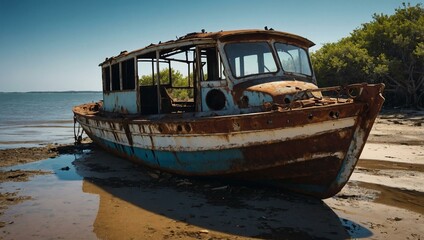 Canvas Print - Old rusty boat on the shore, evoking nostalgia and decay.