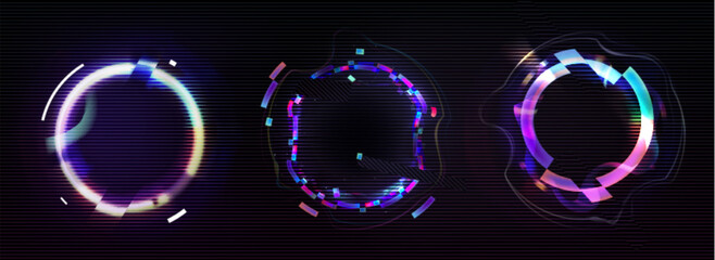 Poster - Neon glitch effect circle. Digital ring frame with cyber light. Futuristic broken pixel and noise graphic border. Minimal dynamic holographic distortion avatar illustration. Color bug illusion