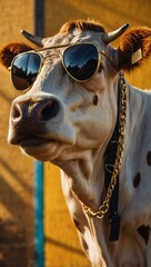 Wall Mural - Quirky cow with sunglasses and gold chain, vibrant backdrop.