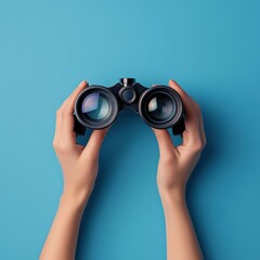 hands holding binoculars against a vibrant blue background showcasing a sense of exploration