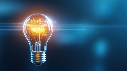 Glowing light bulb with integrated circuit board inside on a dark blue background, representing innovation and technological advancement. Ideal concept for creativity, ideas, innovation in technology,