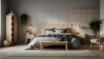 Scandinavian bedroom with light wood furniture and serene ambiance.