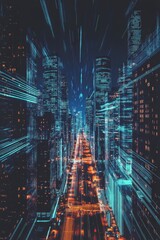 Wall Mural - Dynamic cityscape with glowing light trails illustrating urban movement at night