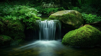 A small, serene waterfall flowing over moss-covered rocks in a tranquil forest setting with soft lighting.