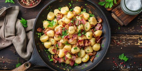 Poster - Bacon and Sauce Potato Gnocchi Presented in a Skillet on a Natural Wood Table