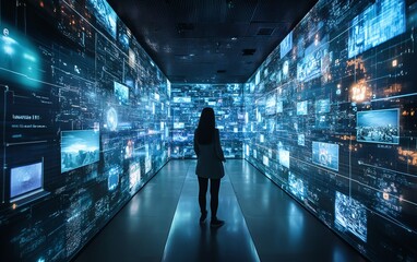 Poster - Advanced digital communication environment featuring futuristic networking solutions, immersive virtual interfaces, and rapid data exchanges