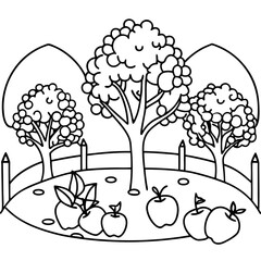 Wall Mural - garden fruit trees and harvest outline coloring book page line art drawing