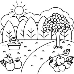 Wall Mural - garden fruit trees and harvest outline coloring book page line art drawing