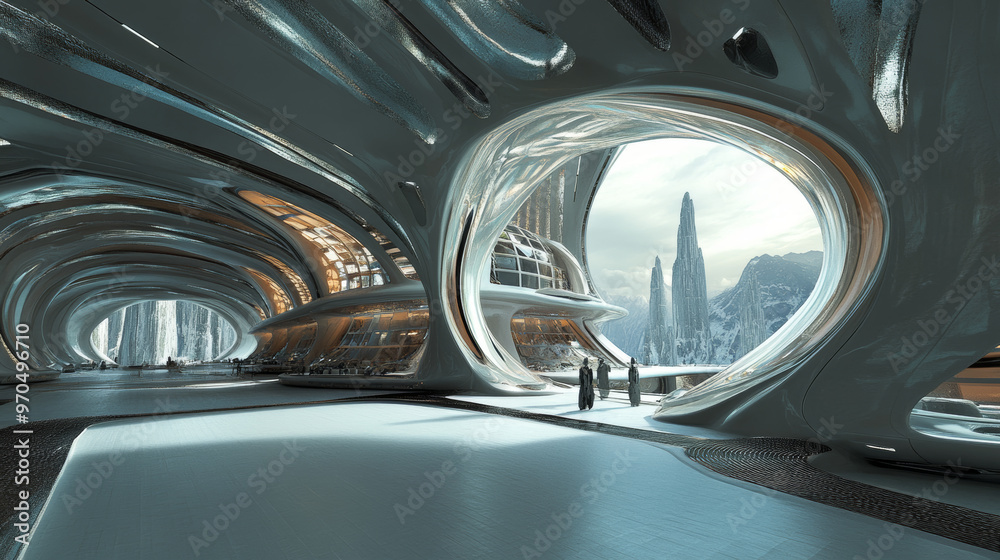 Future Inside Building A 3D picture shows the inside of a futuristic building. The view is all ...