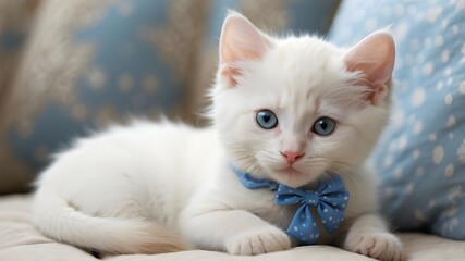 Wall Mural - A white kitten with blue eyes and a cute polka dot bow, lying on a soft pillow, looking curious --ar 3:2 --v 4