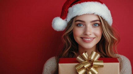 A cheerful woman wearing a Santa hat poses with a beautifully wrapped gift