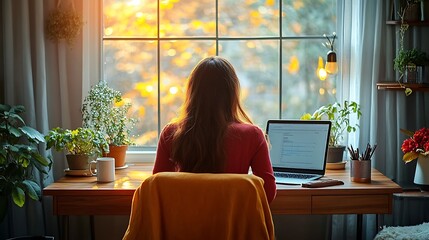 A woman working on a laptop in a cozy home office, with warm sunlight streaming through the window, highlighting the wooden desk and comfortable chair, a coffee mug nearby,