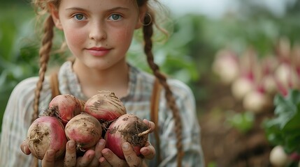 Close-up of a girla??s hands holding freshly harvested organic turnips in a farm setting, captured in realistic HD