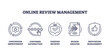 © VectorMine - Online review management for customer satisfaction outline icons collection. Labeled items with continuous service improvement, verified review analysis and reputation management vector illustration.
