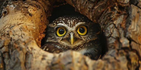 Sticker - Alert Spotted Owlet Athene brama peering from tree hollow nest in forest park featuring yellow eyes white eyebrows and neck band