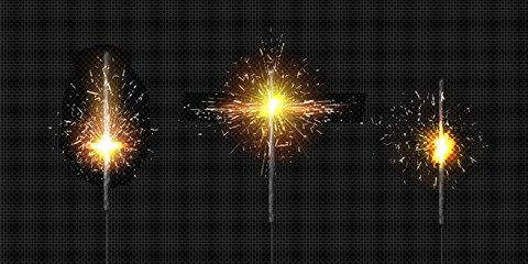Poster - sparkler candle light and bengal firework isolated vector. birthday or diwali party realistic yellow