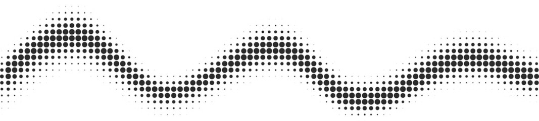 Poster - Dotted wavy graphic. Halftone abstract pattern. Black curve gradient line. Flowing music sound rhythm. Modern dynamic stripe.