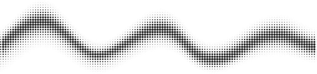 Poster - Dotted wavy graphic. Halftone abstract pattern. Black curve gradient line. Flowing music sound rhythm. Modern dynamic stripe.