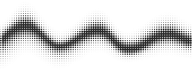 Poster - Dotted wavy graphic. Halftone abstract pattern. Black curve gradient line. Flowing music sound rhythm. Modern dynamic stripe.