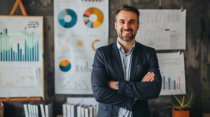 Wall Mural - Cheerful economist developing a financial startup project in an office, portrait shot with a plain background