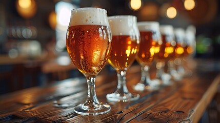 Close-up of several beer glasses in a row on a table, each filled with golden beer and a perfect foam head