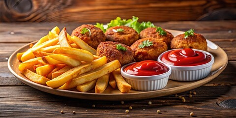 Plate of golden crispy fries and juicy meat patties topped with ketchup, perfect comfort food for any occasion