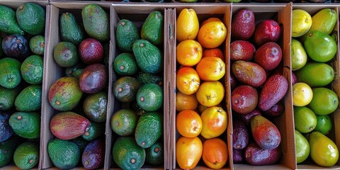 Poster - Assorted Organic Avocados Displayed in a Box Under Natural Light at a Marketplace