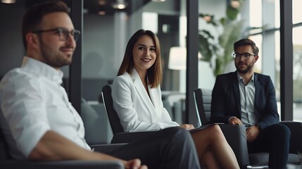 Wall Mural - Corporate Office Scene with Diverse Candidates in Formal Attire Seated for Interviews, Modern Setting, Portrait Shot, Office Scene, Diverse Candidates