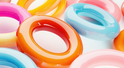 Poster - Abstract, colorful rings on a white background, a 3D rendering illustration of abstract, colored, glossy plastic shapes. This concept represents creativity and innovation in design