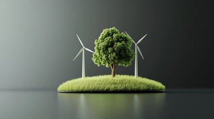 A vibrant green tree surrounded by wind turbines on a grassy island, symbolizing renewable energy and eco-friendly living.