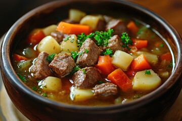 Wall Mural - Goulash soup with beef slices of sausage, onions and potatoes. Plus red pepper. All on a rustic background. AI generative.