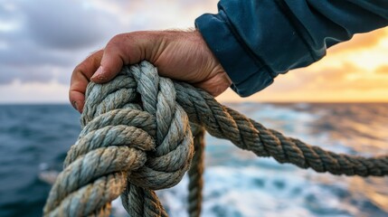 A hand secures a thick rope knot while the sun sets over the ocean, highlighting the skill of sailing and the tranquil beauty of the water