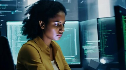 focused woman working on multiple computer screens with coding and data. cybersecurity and software 
