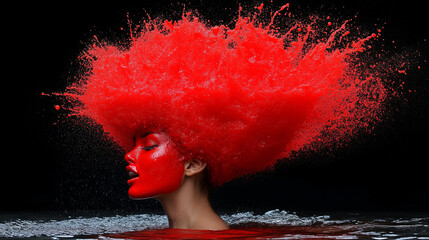 Woman submerged in water with red paint splash hair, surreal fashion concept