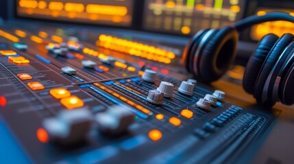 The mixing console features illuminated controls and knobs, while headphones rest nearby, highlighting the creativity found in a sound studio environment