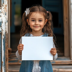 a young girl holding a blank white a4 paper, with the front view of a school entrance door in the ba