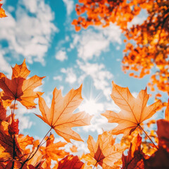 autumn red leaves against the sky. ai generative.