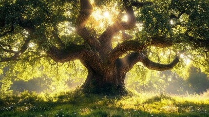 Sticker - Ancient Tree Bathed in Golden Sunlight