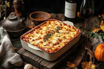 Wall Mural - Rustic lasagna next to a standing wine glass. AI generative.