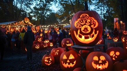 Wall Mural - Carving pumpkins at an outdoor spooky festival, intricate jack-o-lantern designs, festival-goers and eerie lighting