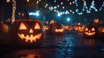 Wall Mural - Spooky Halloween festival with rows of carved pumpkins, jack-o-lanterns glowing in the dark, festive atmosphere with eerie undertones