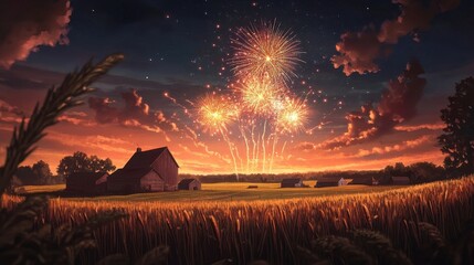 Wall Mural - Create an image of a fireworks show over a rural landscape