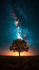 Wall Mural - a lone tree in the middle of a field with stars above it. ai.