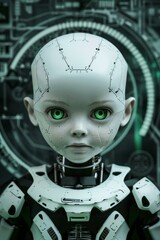 Poster - A robot with green eyes and a futuristic design on its face. AI.