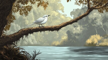 Create an image of a fishing bird perched on a tree branch overhanging a river.