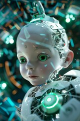 Poster - A close up of a robot with green eyes and glowing lights. AI.