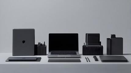 Poster - A minimalist arrangement of various office essentials including a laptop,smartphone,notebooks,pens,and other work-related items neatly laid out on a gray desk background.