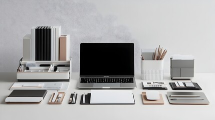 Poster - A neatly organized modern office desk workspace with a minimalist arrangement of various office accessories and equipment,showcasing a clean and efficient work environment.