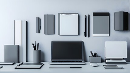 Poster - Minimalist and organized desk setup featuring a laptop computer,various office supplies and accessories,creating a clean and efficient workspace for professional or personal use.