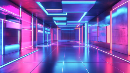 A futuristic architecture studio with bright LED lights and cube-shaped walls. This 3D rendering shows a full panoramic view, perfect for virtual reality experiences.